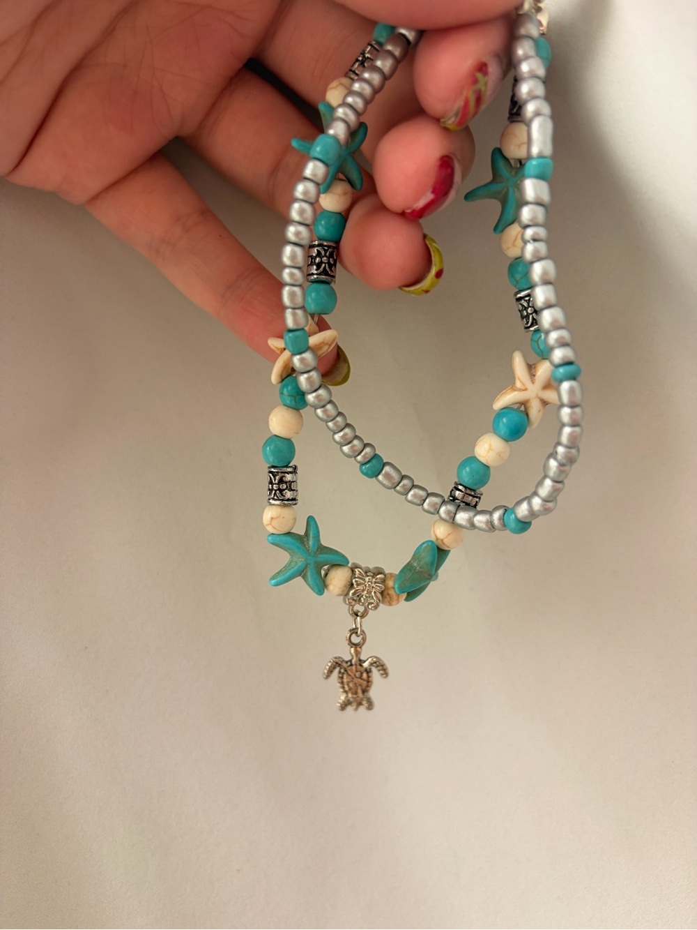 Turquoise Starfish Beaded Bracelet with Turtle Charm